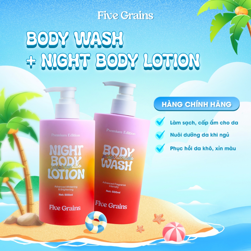 Combo dưỡng trắng da body sữa tắm, kem dưỡng ban đêm Five Grains Niacinamide, Alpha-Arbutin 500ml