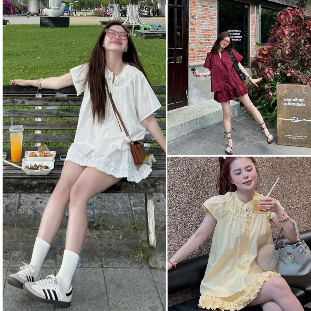 (Hàng loại 1) Set áo babydoll nhún kèm chân váy tầng bèo BABI SET | BigBuy360 - bigbuy360.vn