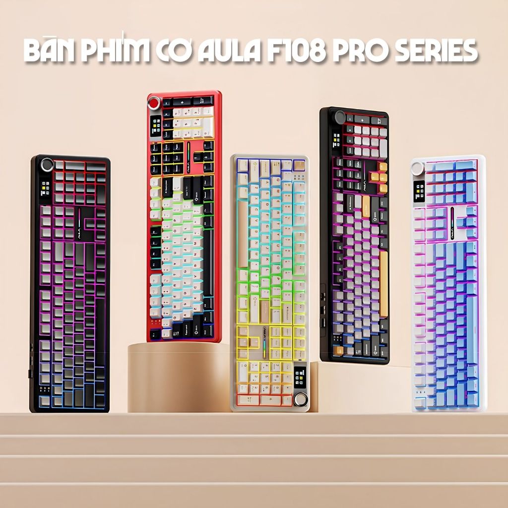 Bàn Phím Cơ AULA F108 PRO Không Dây Bluetooth 3 Chế Độ Màn Hình TFT Có Núm Xoay Led RGB
