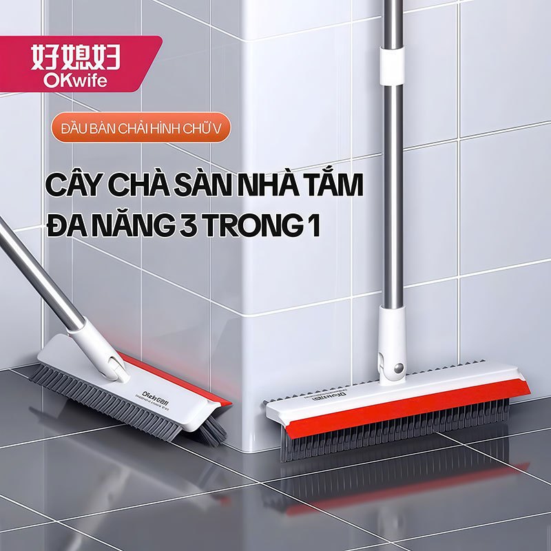 Cây Chà Sàn Nhà Tắm OKwife AGW-3458, Chổi Cọ Sàn Và Gạt Nước Đa Năng 3 Trong 1, Cán Dài 123CM
