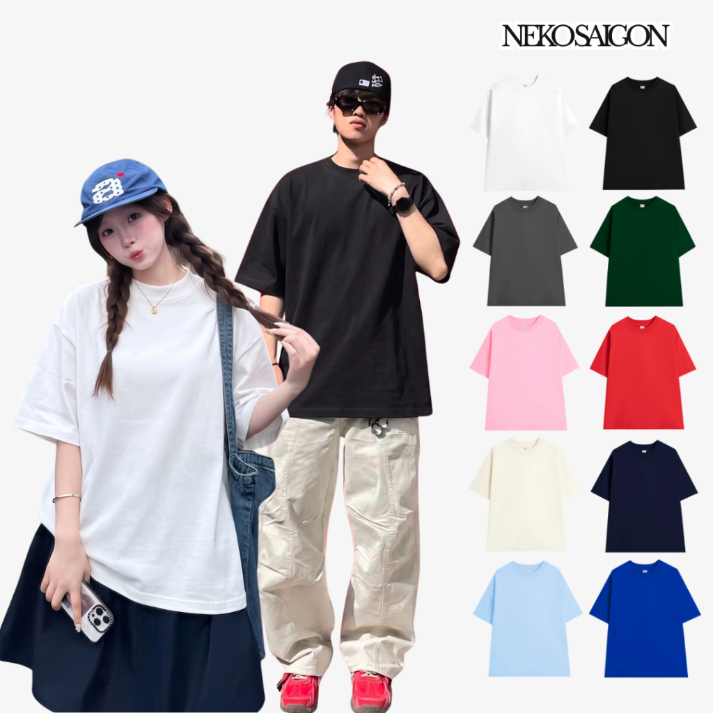 Áo thun trơn tay lỡ form rộng Unisex Nekosg, dày dặn, thoáng mát nhiều màu cổ tròn ATL0