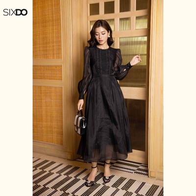 Đầm tơ dáng xòe dài phối ren SIXDO (Black Organza Flared Dress)