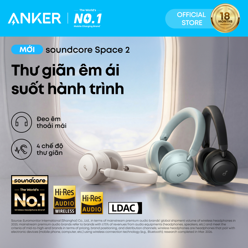 Tai nghe Bluetooth Anker soundcore Space 2 chống ồn vượt trội, đeo êm thoải mái, có chế độ thư giãn, pin tới 70H | BigBuy360 - bigbuy360.vn