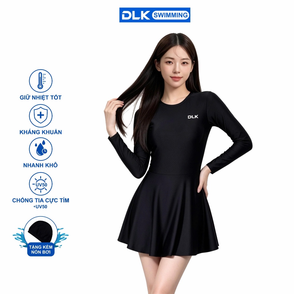 Đồ Bơi Nữ Dáng Váy Tay Dài Chống Nắng DLK – Chất Co Giãn, Che Khuyết Điểm, Màu Đen Sang Trọng | BigBuy360 - bigbuy360.vn