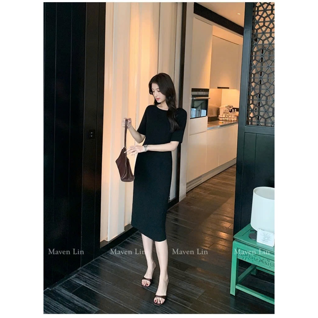[𝑴𝒂𝒗𝒆𝒏 𝑳𝒊𝒏] HÀNG CHÍNH HÃNG – Maven Lin 城市假日 – Đầm nữ cổ tròn tay ngắn dáng dài ôm eo (cao cấp)