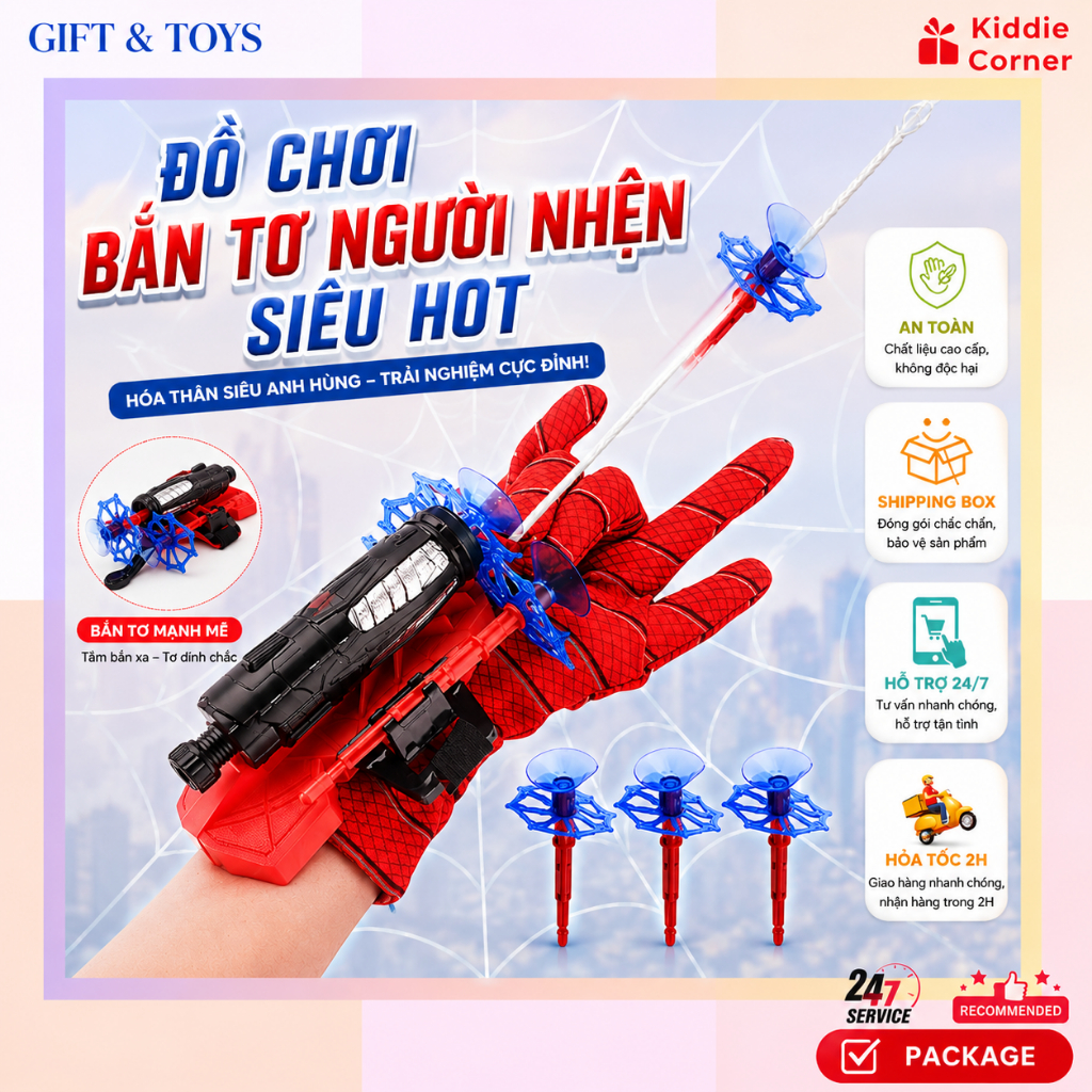 Găng tay Spiderman KIDDIE CORNER Găng Tay Người Nhện Đồ Chơi Bắn Tơ Người Nhện Có Gíac Hút Siêu Nhân