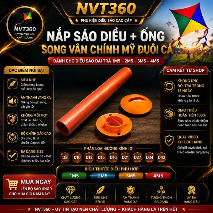nắp sáo diều + ống cho diều sáo đại trà song vân chính mỹ đuôi cá 1m5 2m5 3m5 4m5
