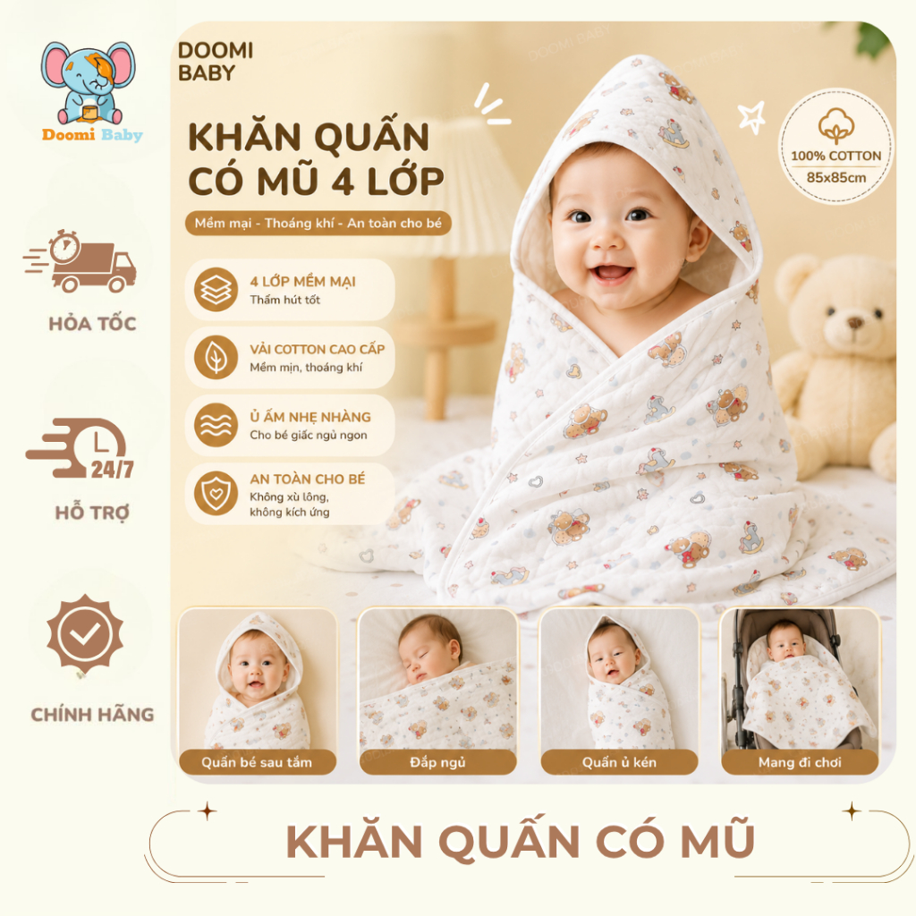 Khăn Quấn Thu Đông Cho Bé Có Mũ 4 Lớp 85x85Cm, Ủ Kén Cho Bé Mềm Mại Thoáng khí…