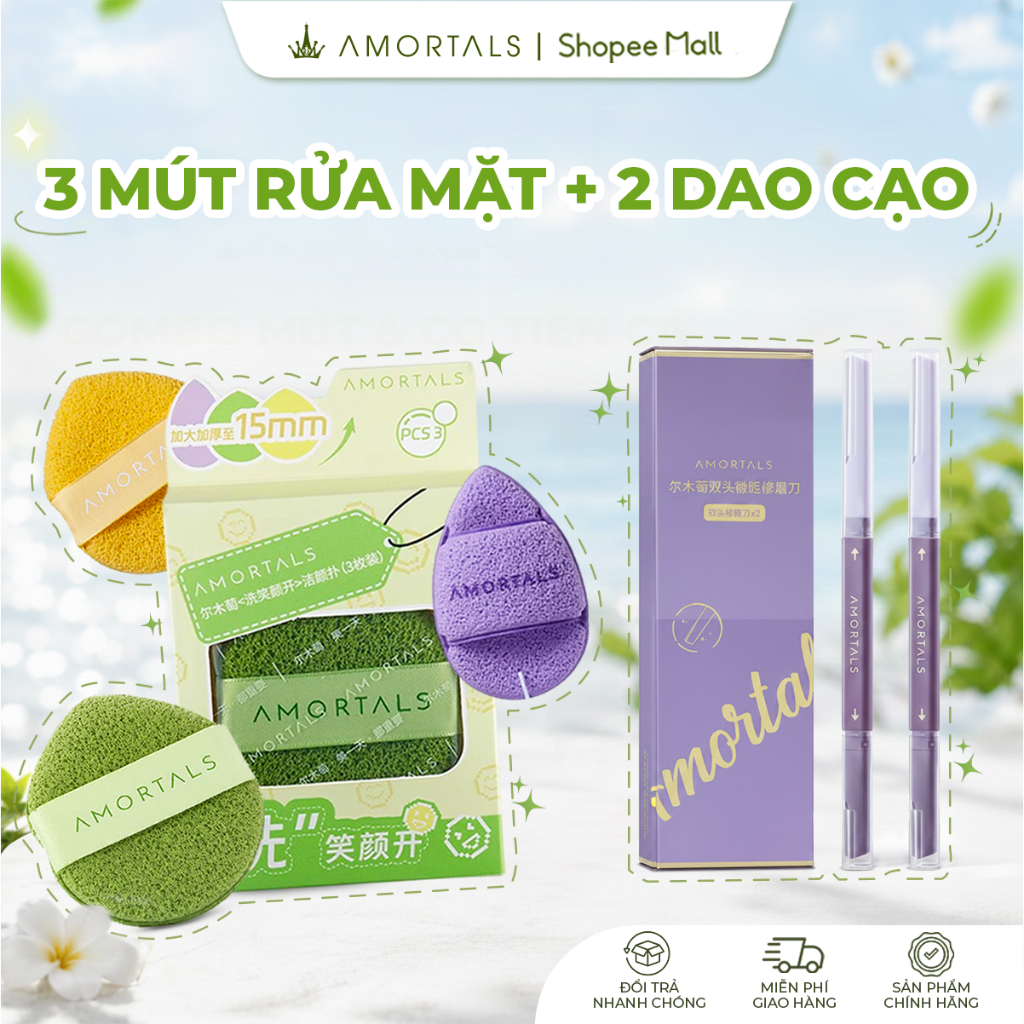 Combo Bông mút rửa mặt Amortals và 2 dao cạo 2 đầu cao cấp Amortals