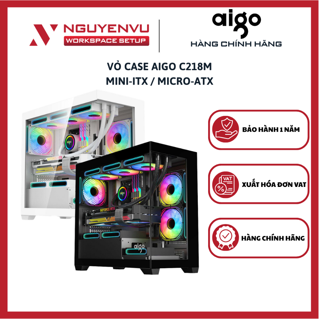 Vỏ case AIGO C218M (Mini-ITX / Micro-ATX) - Thép, kính cường lực - Hàng Chính Hãng