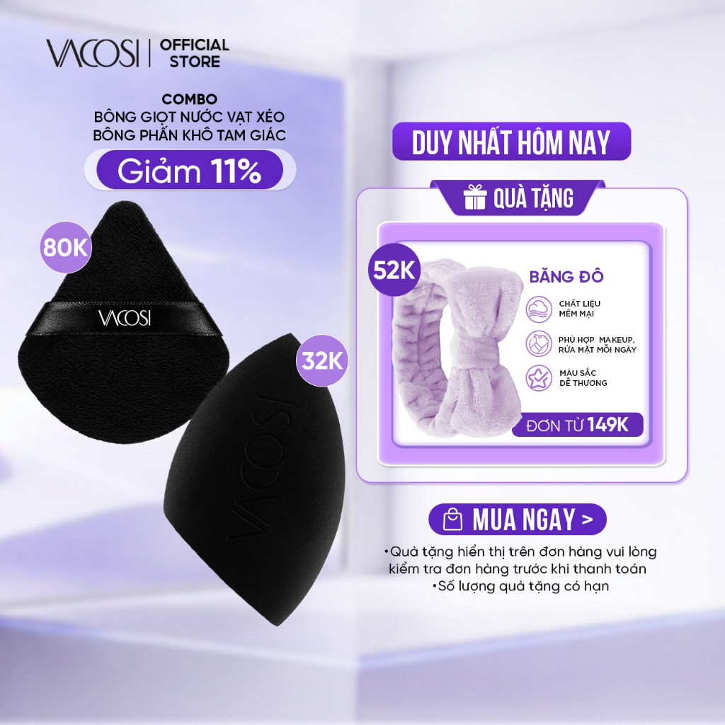 COMBO VACOSI Perfect Base: Bông Giọt Nước Vạt Xéo & Bông Phấn Khô Cotton Đen - PH04+BP52