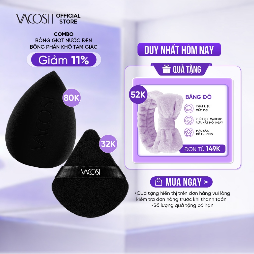 COMBO VACOSI Perfect Base: Bông Giọt Nước & Bông Phấn Khô Cotton Đen - PH03+BP52