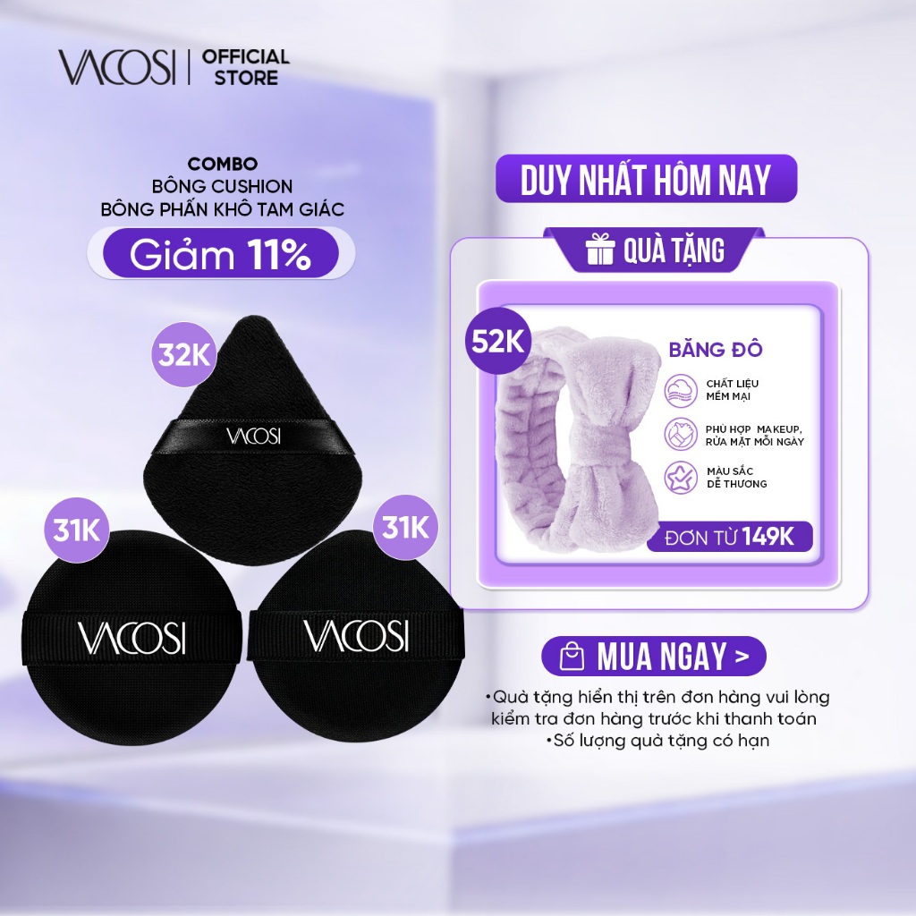 COMBO VACOSI Duo-Finish Black: Bông Cushion Tròn, Nhọn & Phấn Khô Tam Giác - PU06+BP52