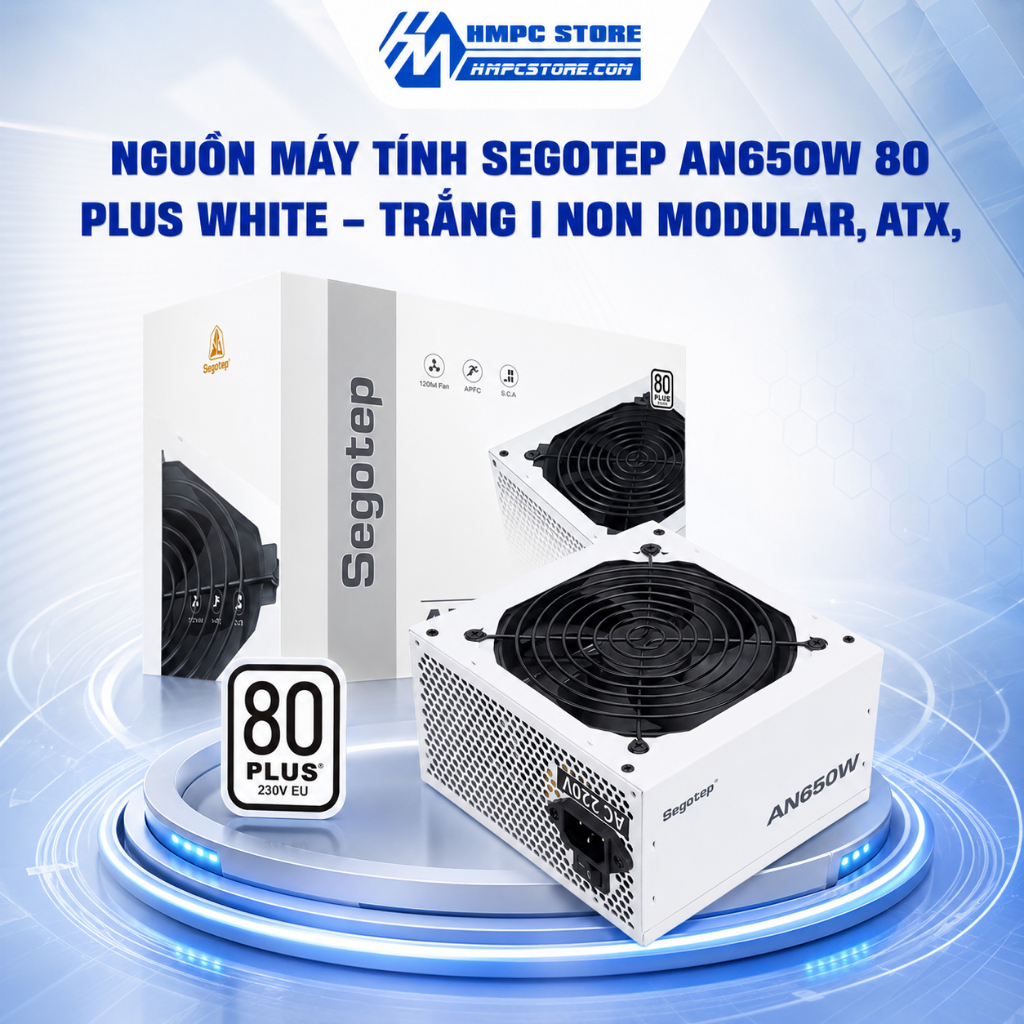 Nguồn máy tính Segotep AN650W 80 Plus White - Trắng | 2 CPU, dây trắng, ATX, bảo hành 36 tháng