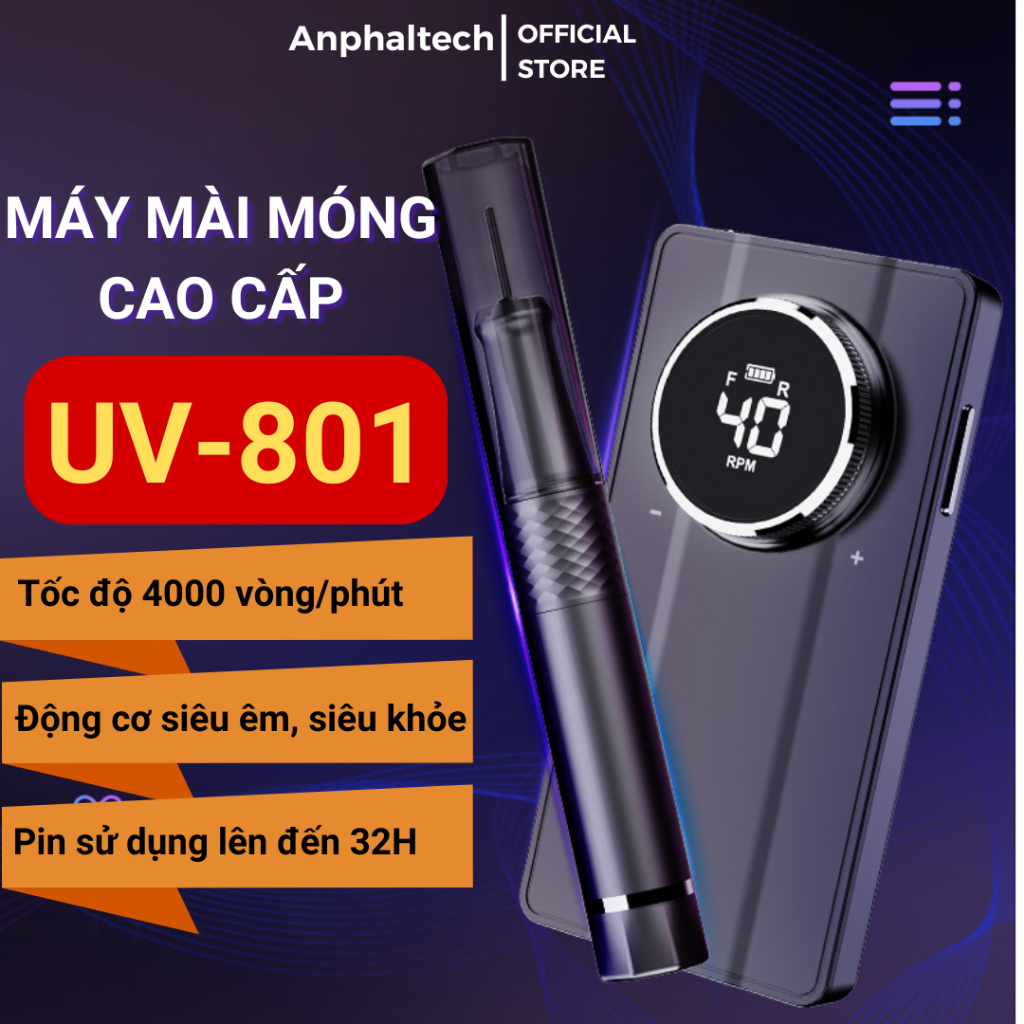 Máy Mài Móng UV-801 Tích Điện 40000rpm, Máy Mài Nail Gel Cầm Tay Mini Coreless Hợp Kim Nhôm Tặng Đầu