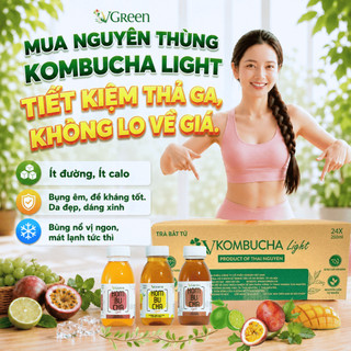 Thùng 24 chai Trà Kombucha Light Vgreen hãm men,thơm ngon, chứa Probiotics, vitamin B, C (Tặng 1 chai men gừng)