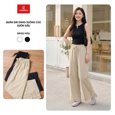Quần dài nữ CARDINA chất liệu thô đũi dáng suông phối cúc sườn gấu 6QDT21