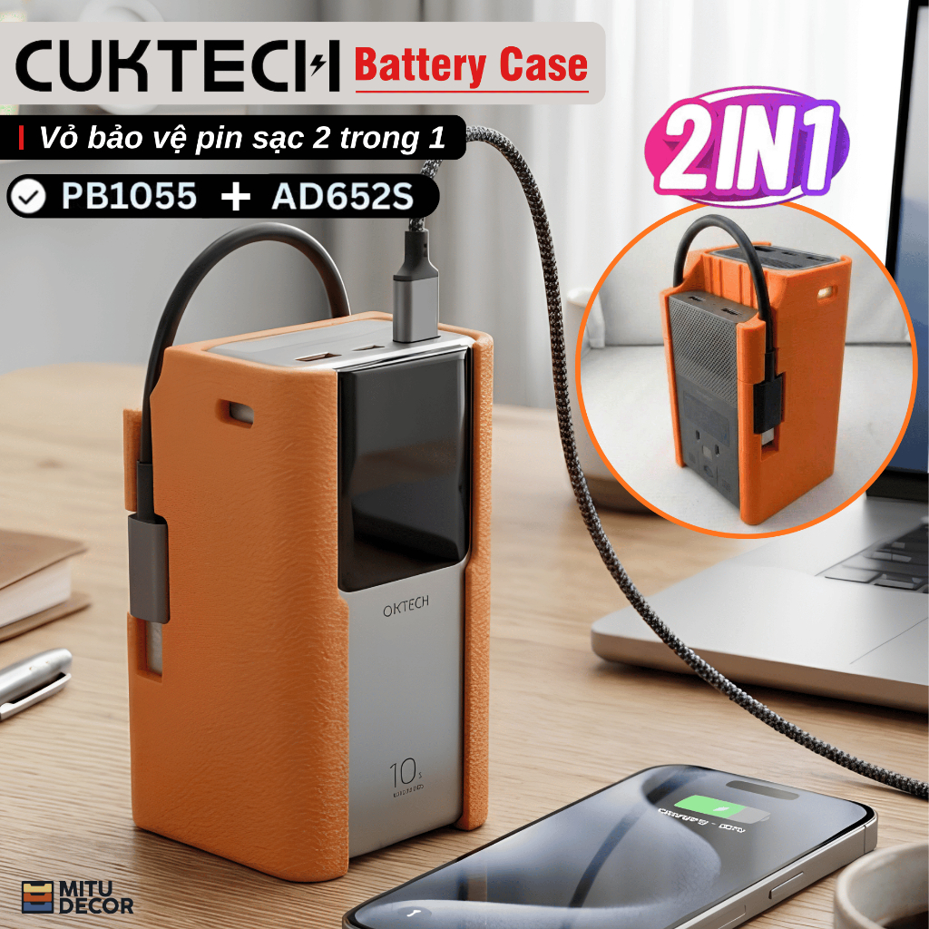 Ốp Bảo Vệ Sạc Dự Phòng Cuktech 10 Mini [PB1055] + AD652S 65W 2 in1 | Có khe cắm cáp | Case Chống Trầ
