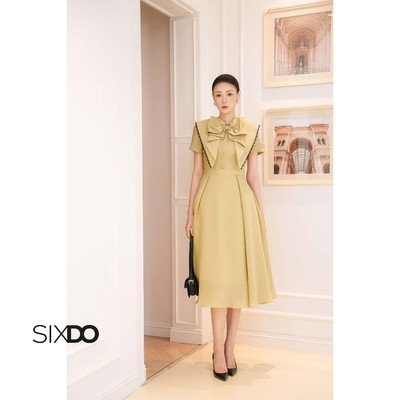 Đầm dáng xòe dài phối nơ cổ ngắn tay SIXDO (Bowtie Organza Flared Dress)