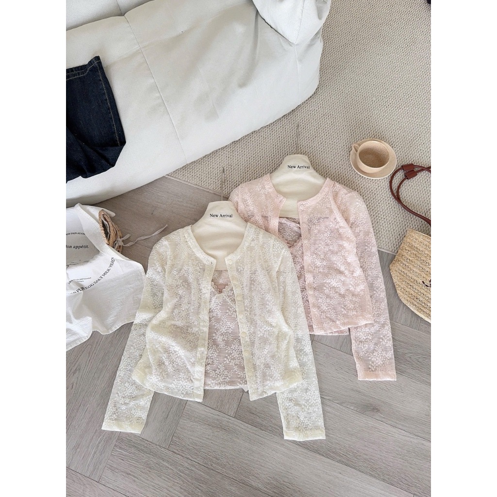 (MÃ 6472) SET ÁO 2 DÂY SÒ THUN REN HOA CO GIÃN MIX ÁO KHOÁC NGOÀI CARDIGAN TONE MÀU NGỌT NGÀO - DÀNH CHO NỮ | BigBuy360 - bigbuy360.vn