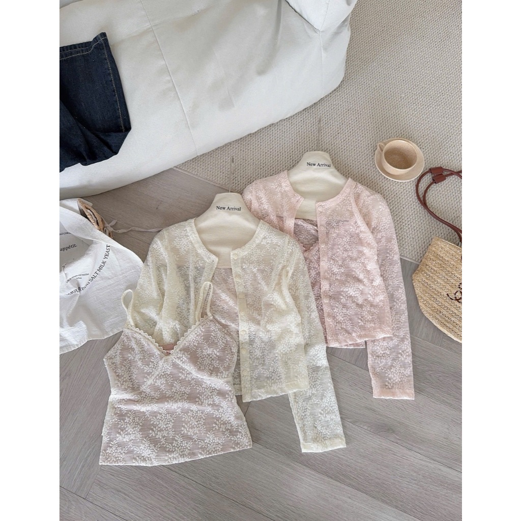 (MÃ 6472) SET ÁO 2 DÂY SÒ THUN REN HOA CO GIÃN MIX ÁO KHOÁC NGOÀI CARDIGAN TONE MÀU NGỌT NGÀO - DÀNH CHO NỮ | BigBuy360 - bigbuy360.vn