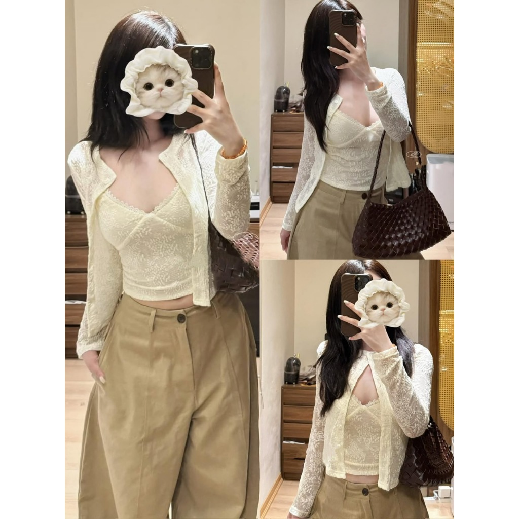 (MÃ 6472) SET ÁO 2 DÂY SÒ THUN REN HOA CO GIÃN MIX ÁO KHOÁC NGOÀI CARDIGAN TONE MÀU NGỌT NGÀO - DÀNH CHO NỮ