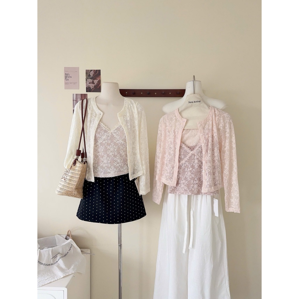 (MÃ 6472) SET ÁO 2 DÂY SÒ THUN REN HOA CO GIÃN MIX ÁO KHOÁC NGOÀI CARDIGAN TONE MÀU NGỌT NGÀO - DÀNH CHO NỮ | BigBuy360 - bigbuy360.vn
