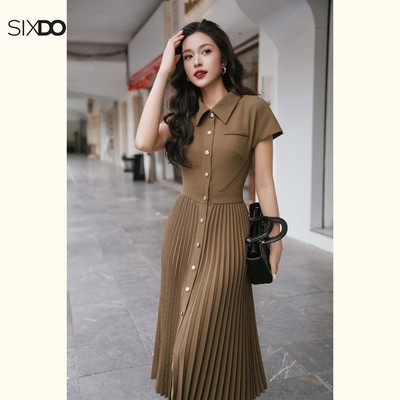 Đầm dáng xòe dài xếp ly cổ đức SIXDO (Teak Woven Flared Dress)