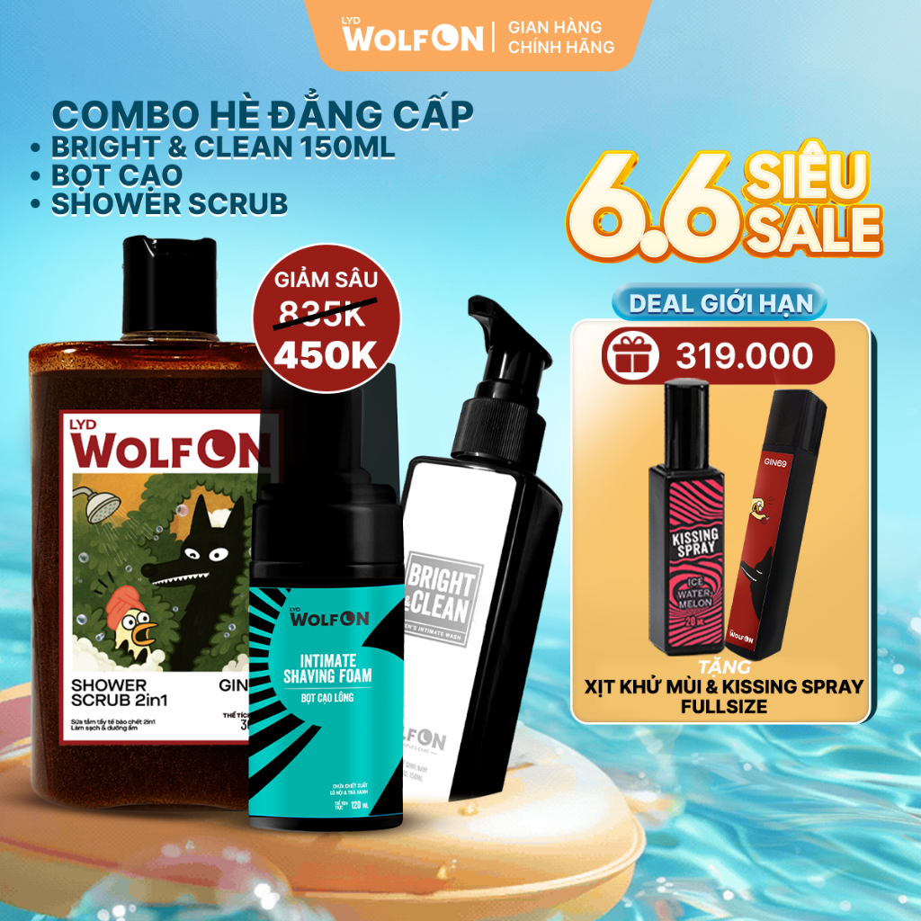 Combo Hè Đẳng Cấp LYD Wolf On, Sữa Tắm Gin 69 - Dung Dịch Vệ Sinh Bright & Clean  - Bọt Cạo Lông