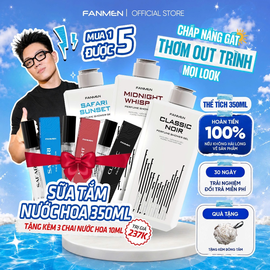 [MUA 1 ĐƯỢC 5] Sữa tắm hương nước hoa cao cấp Fanmen làm sạch sâu, cấp ẩm 350ml - Tặng 3 nước hoa na