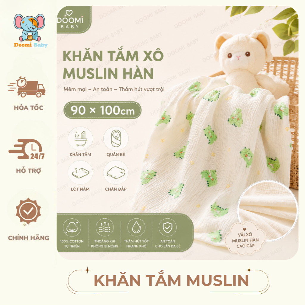 Khăn Tắm Xô Muslin Hàn 90x100cm Cho Bé, Mềm Mịn Thấm Hút Doomi Baby-HT630-HT855-HT876