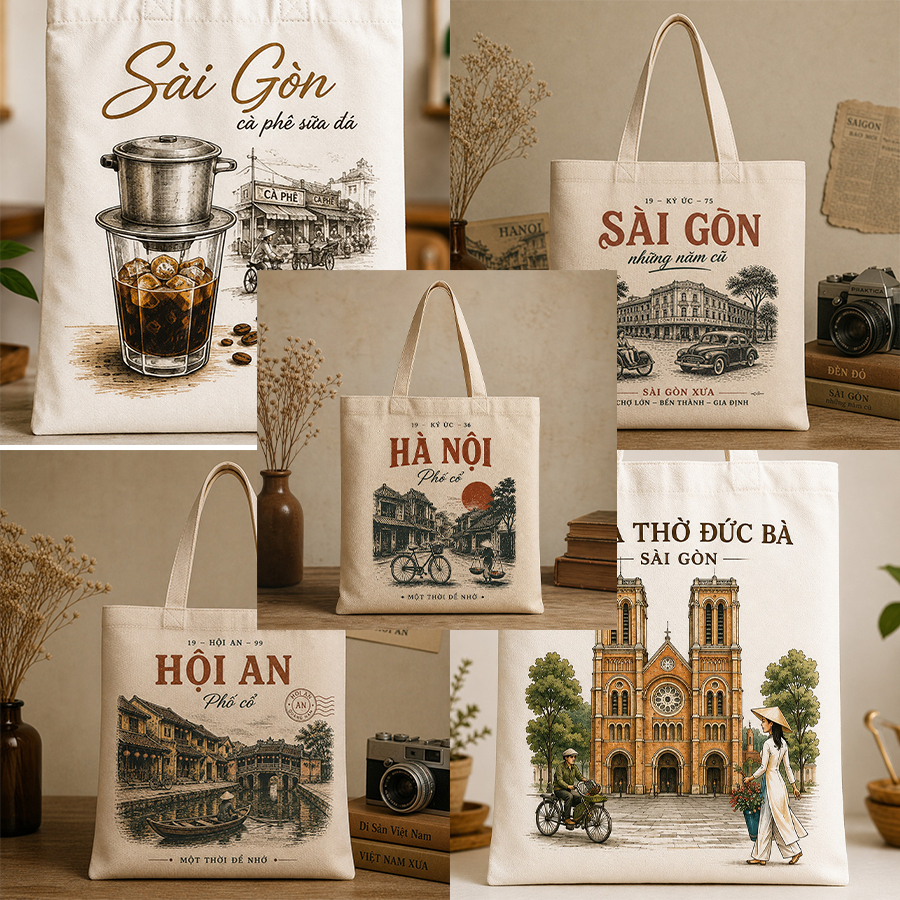 Túi tote có khóa VIỆT NAM túi vải canvas hình kỉ niệm Hà Nội - Sài Gòn - Hội…