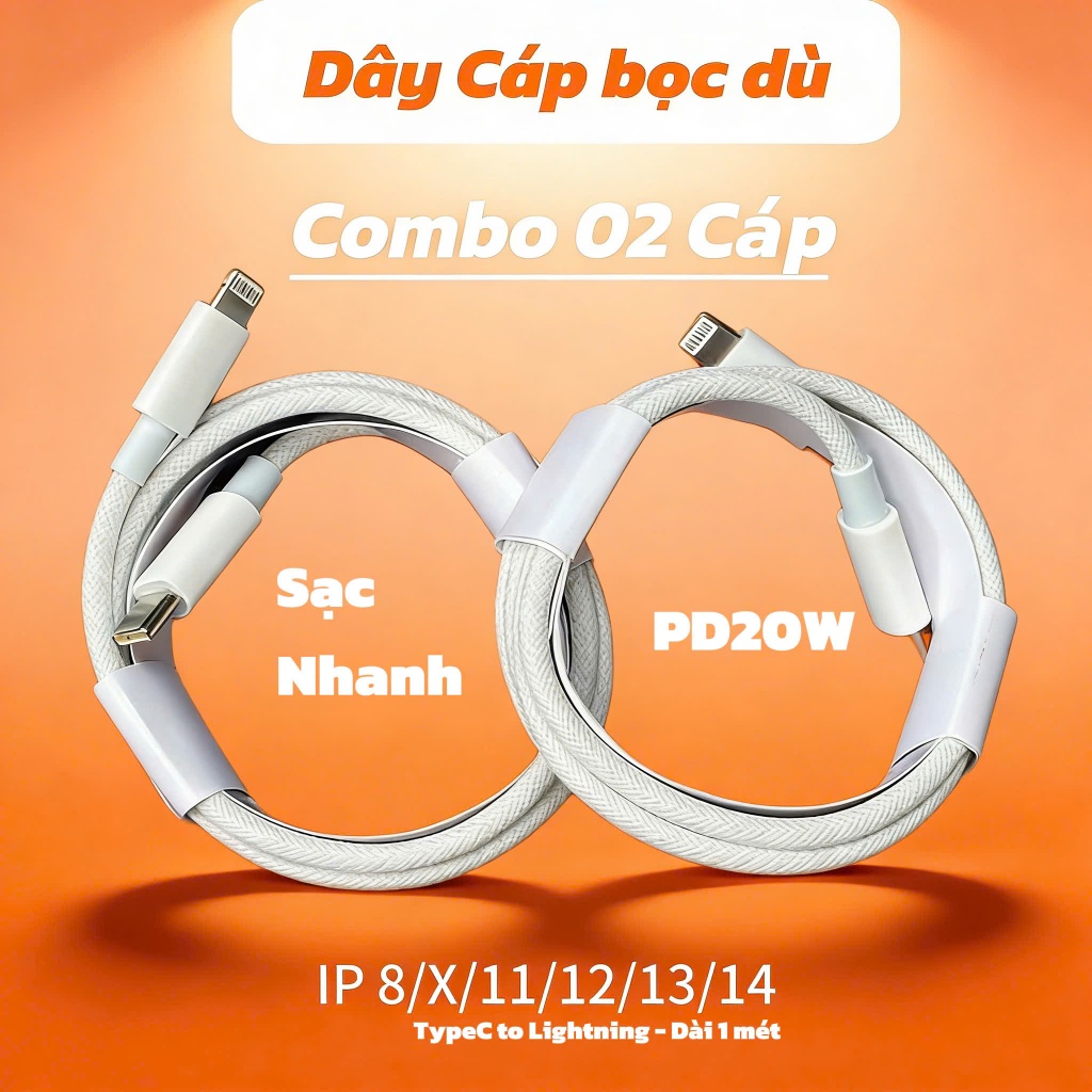 Dây sạc nhanh PD20W, Sạc nhanh bọc dù 1met sạc nhanh lPhone 11/12/13/14 pro promax, 8/8plus/X, Bộ sạ
