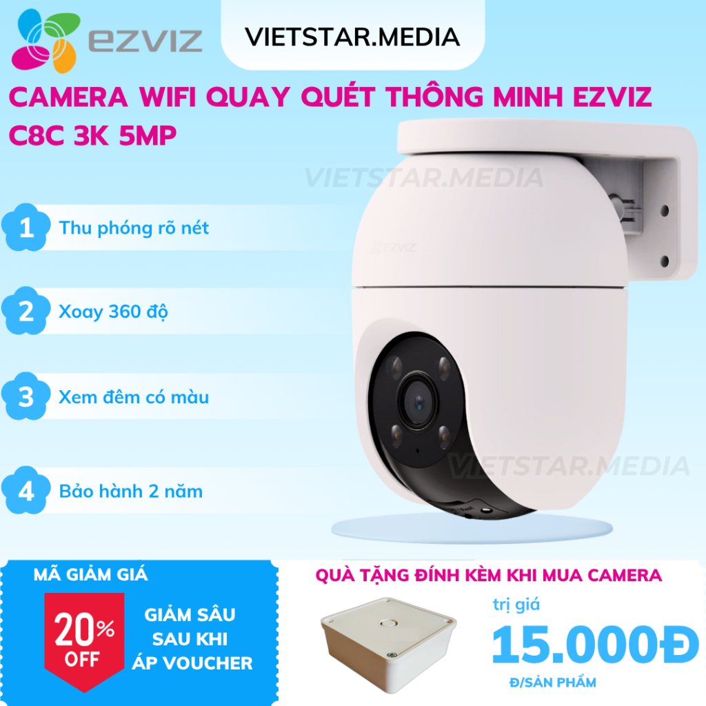 Camera WiFi EZVIZ C8C 3K 5MP Quay Quét 360° AI Phát Hiện Người & Xe, Theo Dõi Thông Minh, Đàm Thoại 