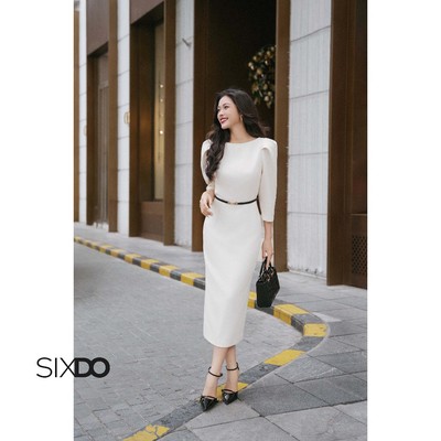 Đầm bút chỉ dáng dài tay lửng SIXDO (Cream Woven Pencil Dress With Belt)