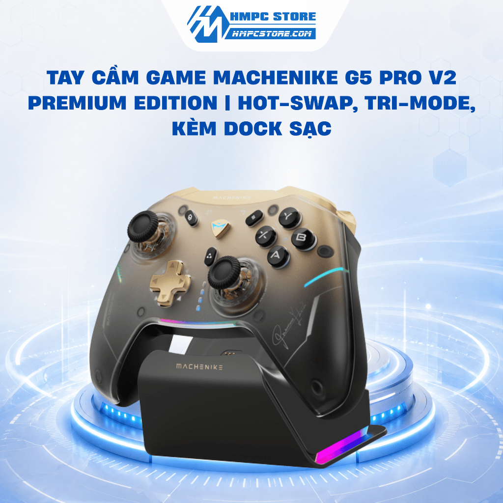 Tay cầm game Machenike G5 Pro v2 Premium Edition | Hot-swap, Tri-mode, kèm dock sạc, BH 12 tháng