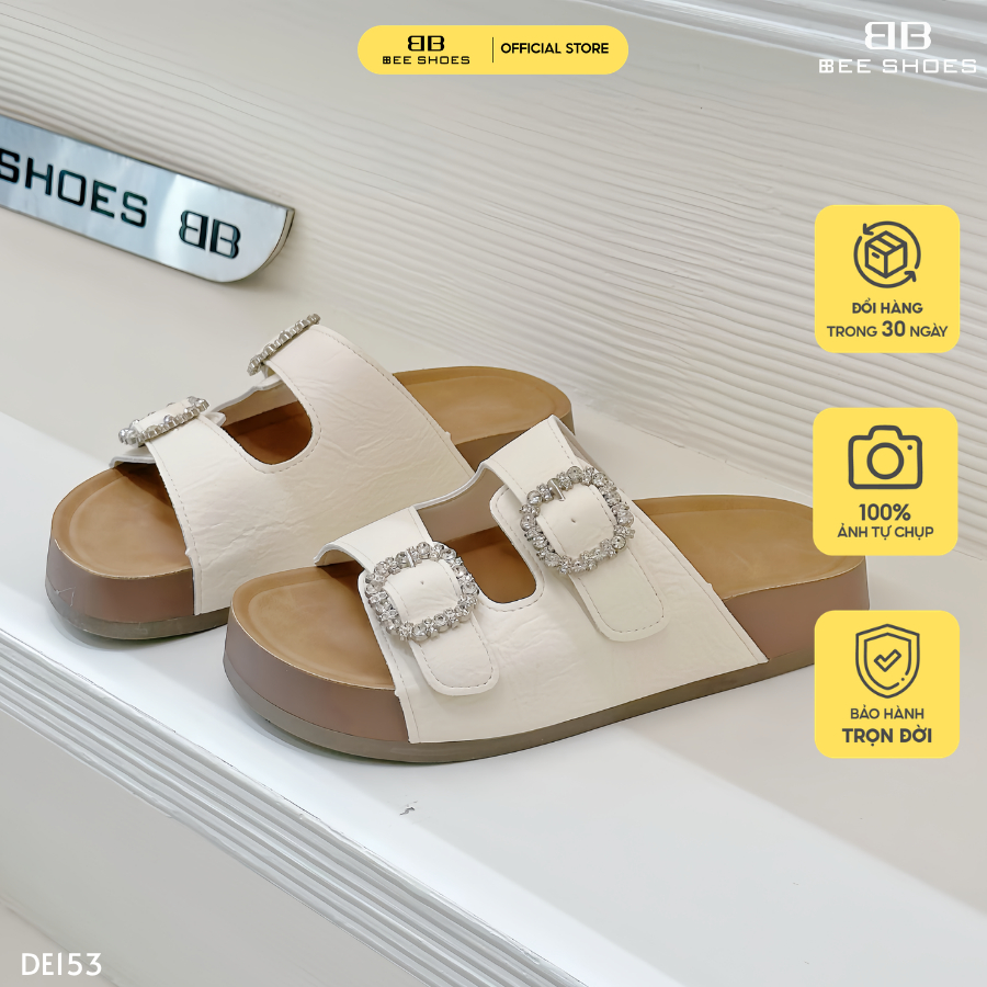 Dép nữ BEESHOES 2 quai ngang, mũi tròn đế bằng cao 3 phân sẵn màu kem DE153 (Form 1.5)