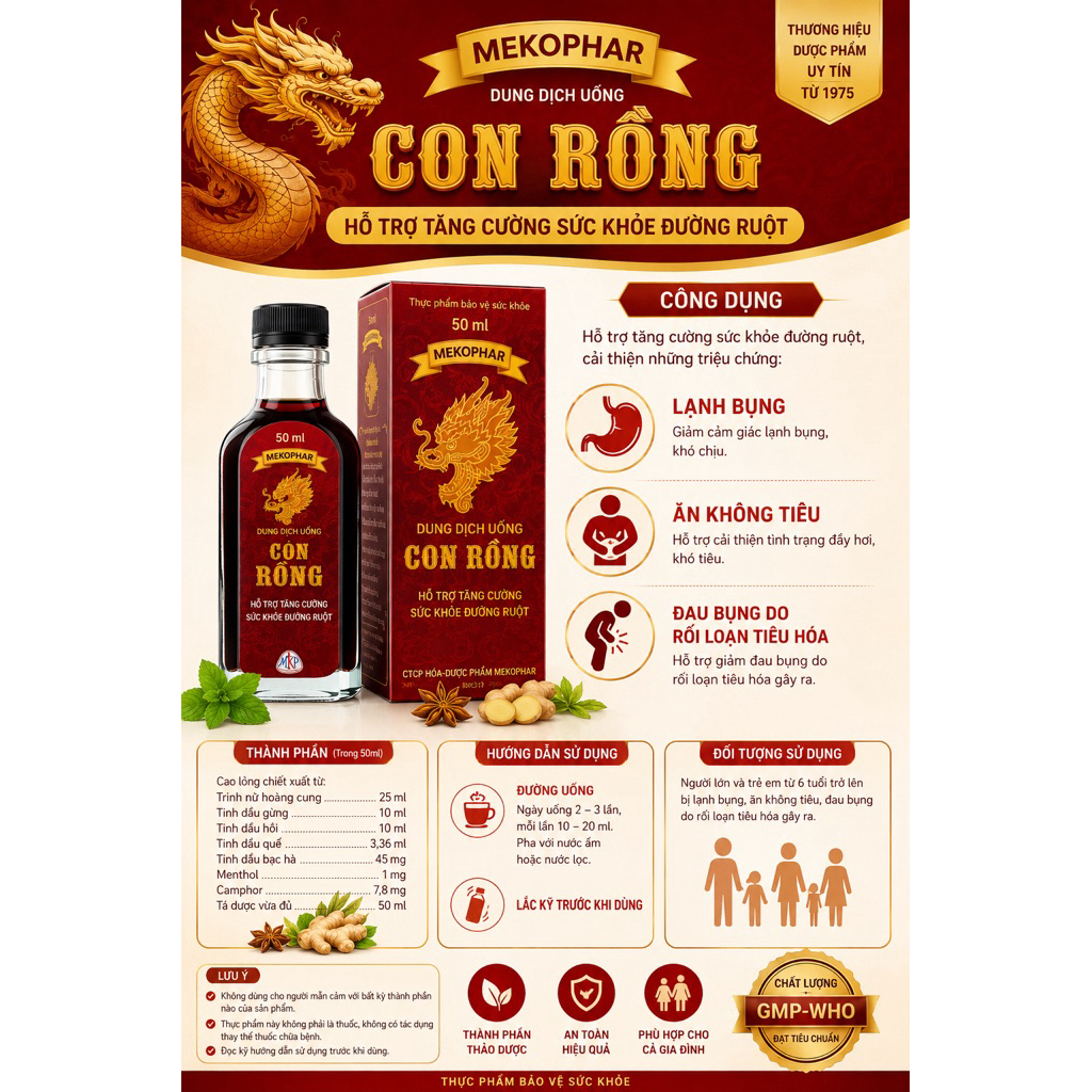 Dung Dịch Uống Con Rồng mekophar - Hổ Trợ Đường Ruột, Ăn Không Tiêu, Chướng Bụng