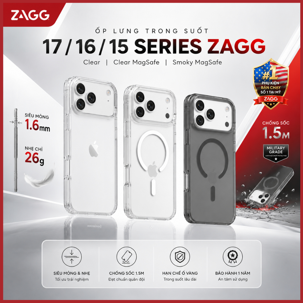 [iPhone 17/16/15 Series] Ốp lưng trong ZAGG Clear / Clear Magsafe / Smoky Magsafe chống sốc 1.5m