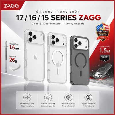[iPhone 17/16/15 Series] Ốp lưng trong ZAGG Clear / Clear Magsafe / Smoky Magsafe chống sốc 1.5m