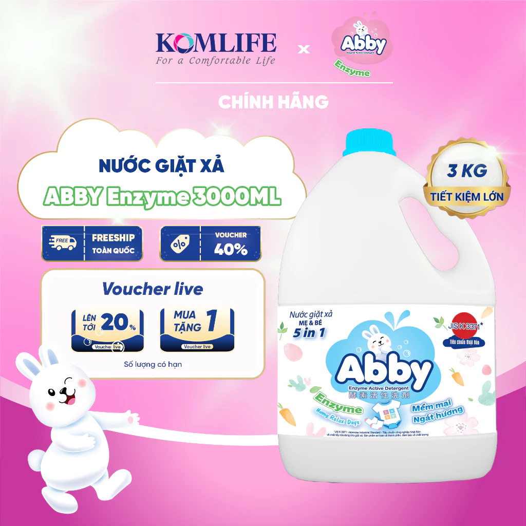 [TẶNG XỊT VẢI]Nước Giặt Xả ABBY Organic 3000ml RELAX DAYS (Xanh) – Dịu Nhẹ, Không Hóa Chất, An Toàn 