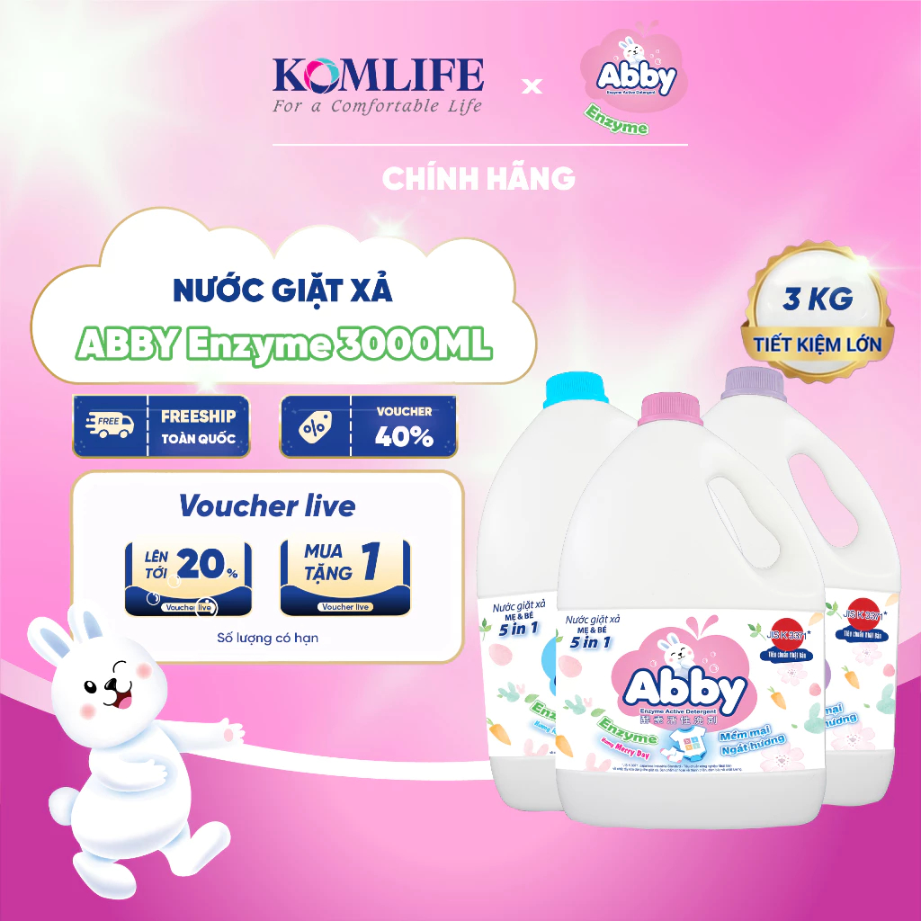 [TẶNG XỊT VẢI]Nước Giặt Xả ABBY Organic MERRY DAY (Hồng) 3000ml – Dịu Nhẹ, Không Hóa Chất, An Toàn C