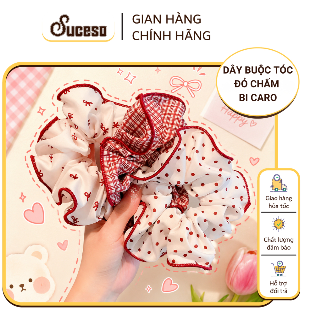 Dây Buộc Tóc Scrunchie Đỏ Chấm Bi Caro Thun Buộc Tóc Nữ Xinh, Giữ Tóc Chắc, Phụ Kiện Tóc SUCESO