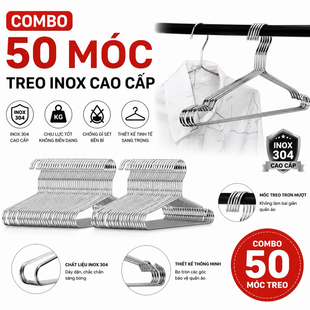 [ Hoả tốc - Loại Tốt ] Combo 50 Móc Inox Treo Quần Áo Siêu Bền.