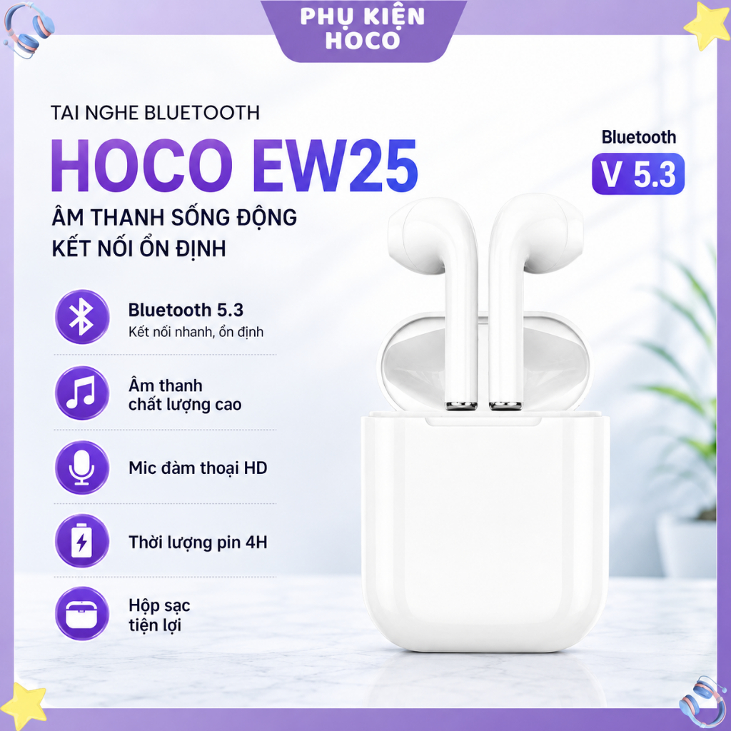 Tai Nghe Bluetooth Hoco EW25 Không Dây, TWS 5.3, Có Micro Đàm Thoại, Nghe Nhạc 4 Giờ, Âm Thanh Stere