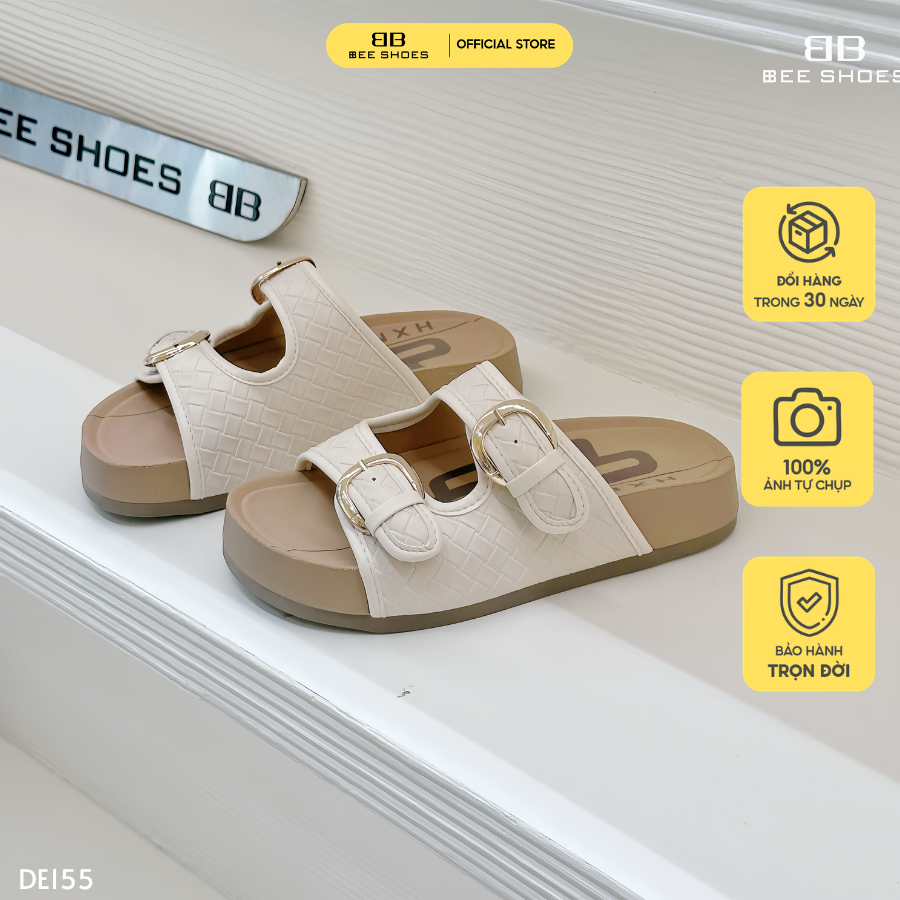 Dép nữ BEESHOES 2 quai ngang, da vân mũi tròn đế bằng cao 3 phân sẵn màu kem DE155 (Form 1.5)