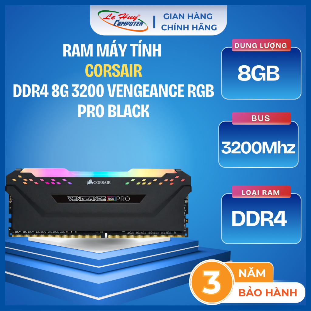 Ram Máy Tính Corsair DDR4 8G/3200 VENGEANCE RGB PRO BLACK - Hàng Chính Hãng