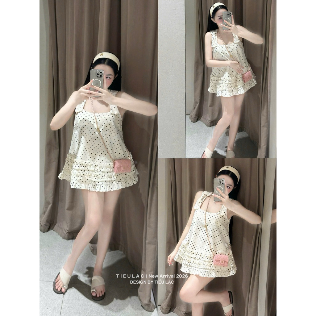 “ Kèm Quần “  Đầm Hai Dây Bản Nơ Xuông Nhún Bèo Nơ Vai Chấm Bi
