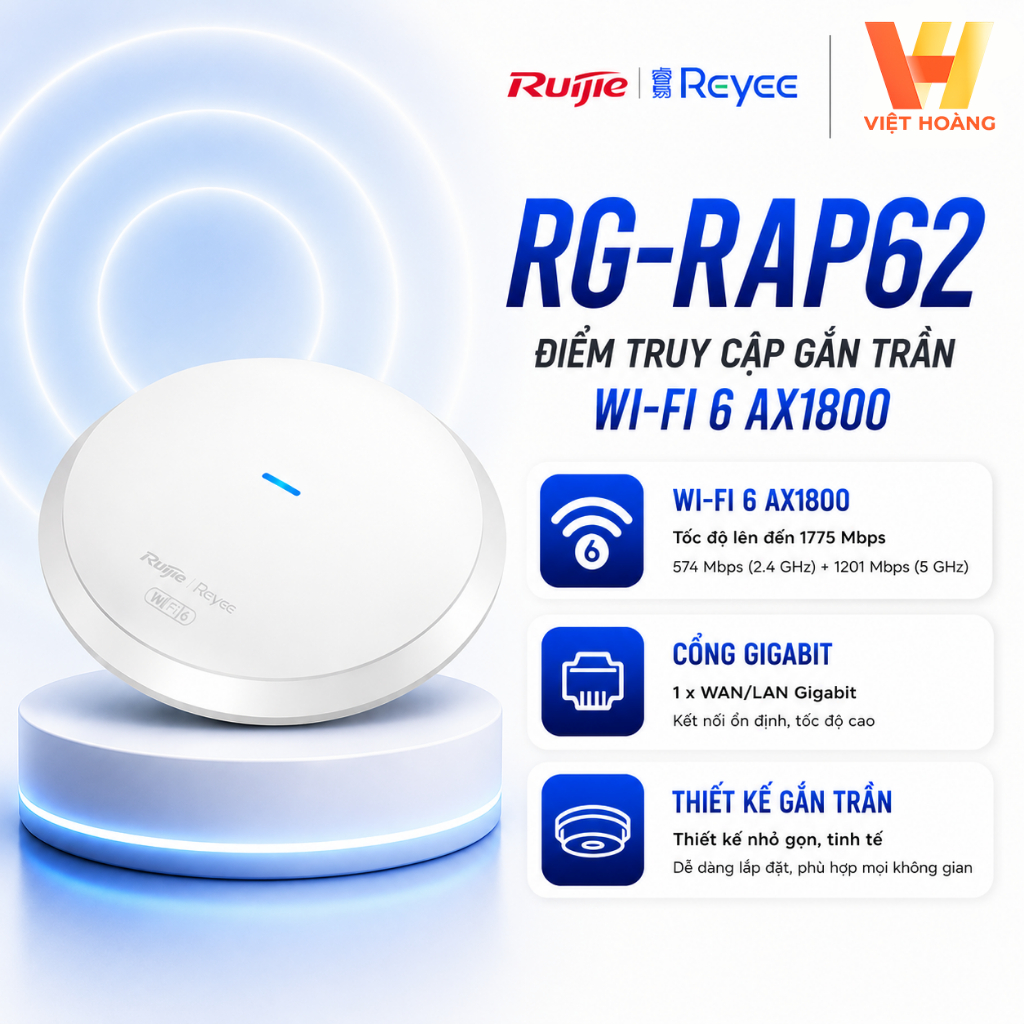[AX1800] Ruijie RG-RAP62 | Phát Wifi 6 Ốp Trần POE Tốc Độ 1774Mbps, Hỗ Trợ +100 User