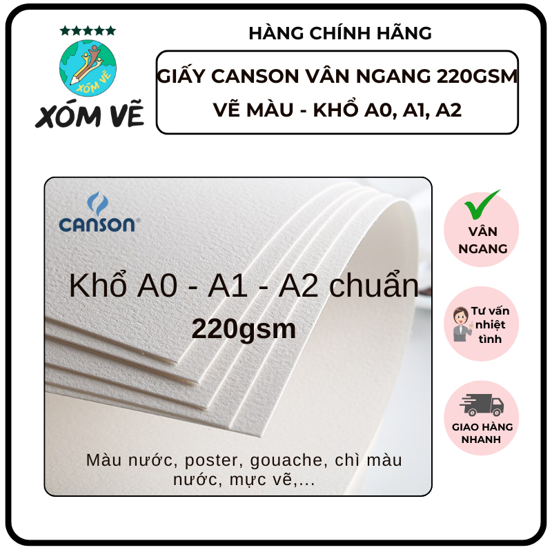 [XÓM VẼ] HOẢ TỐC Giấy Canson vân ngang, loại dày 220gsm vẽ màu nước, poster, gouache, khổ lớn A0/A1/
